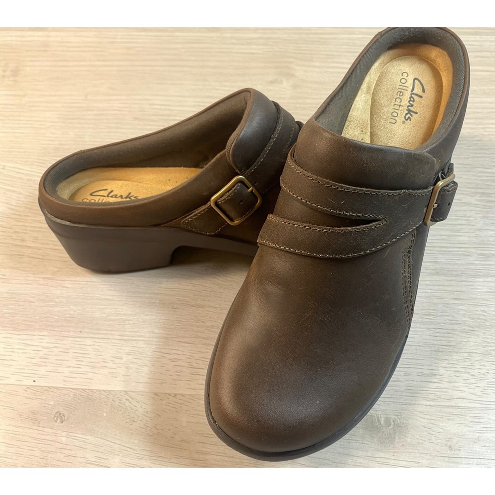 Clarks Collection Angie Braley Leather Buckle Brown Mule Clogs Womens 9.5M NWOT